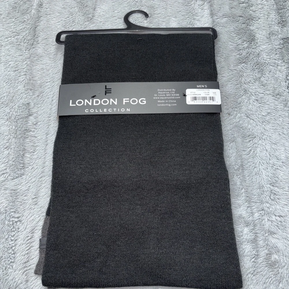 London Fog Knit Hat & Scarf Mens 2 Piece Collection Set in Char Black & Gray